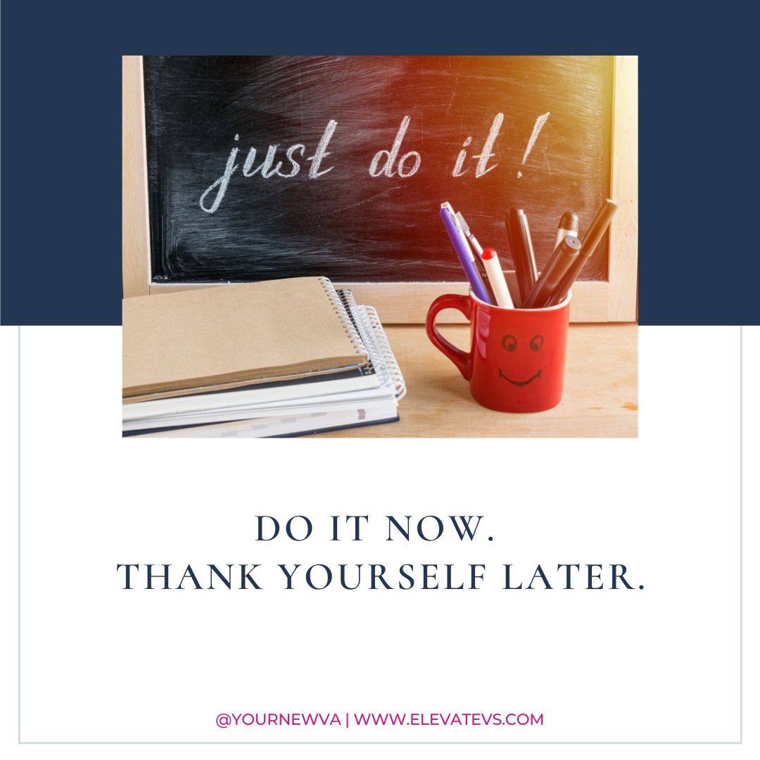 Image of desk and blackboard that says Just do it